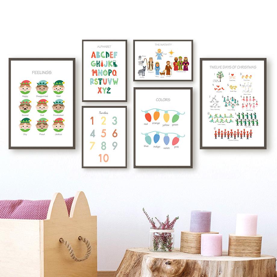 

Christmas Alphabet Numbers Educational Kindergarten Wall Art Painting Nordic Posters and Prints Wall Pictures