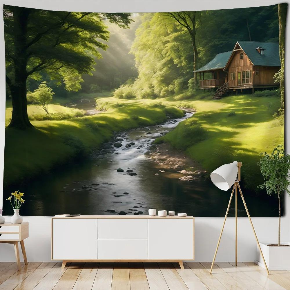 Forest Cabin River Pattern Tapestry Bedroom Living Room Tapestry Home Wall Decoration Tapestry