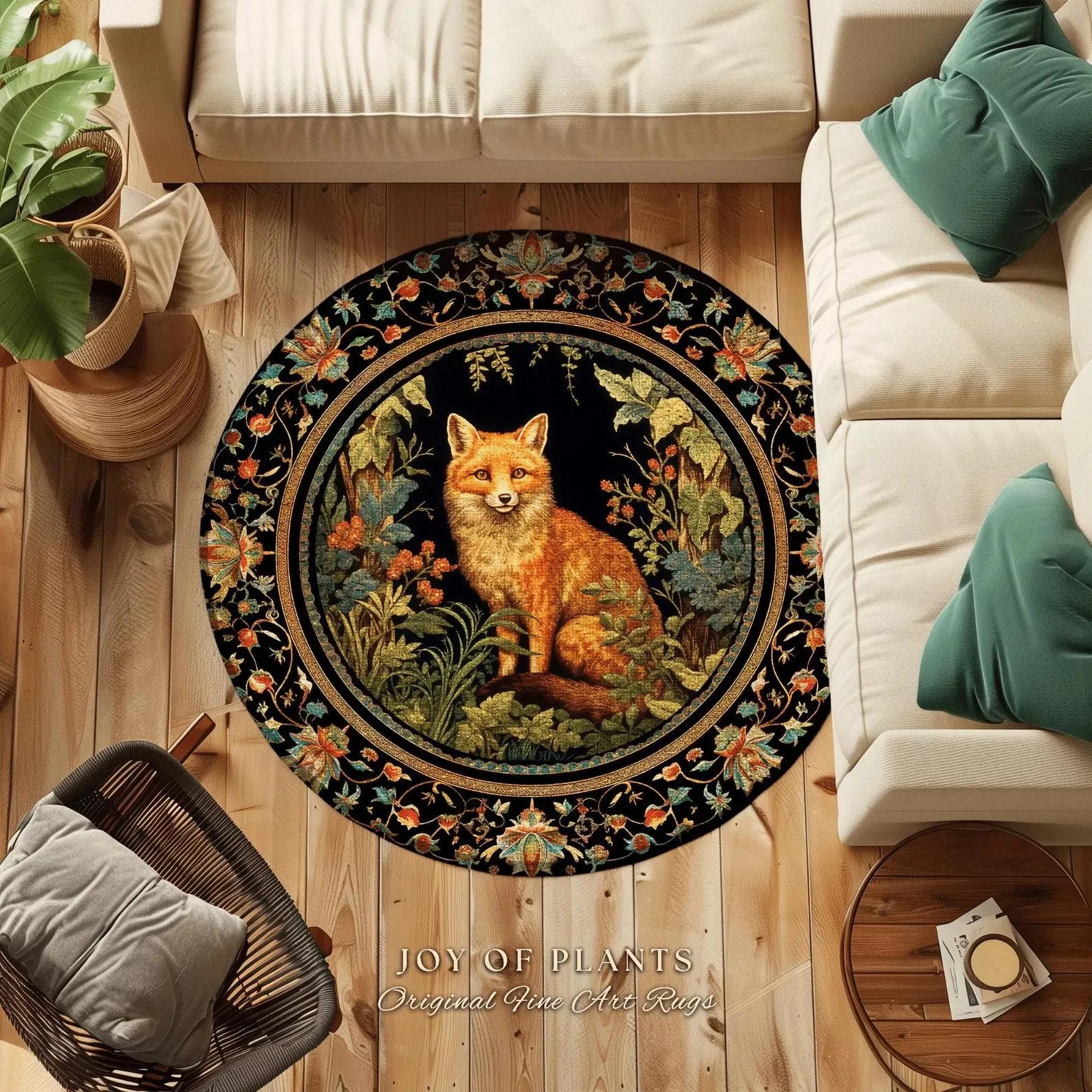 

Eclectic Fox Area Rug – Whimsical Cottagecore Bedroom Decor–Morris-Inspired Floral Design, Soft Mystical Floor Mat for Cozy Room Diameter 90cm(35in)