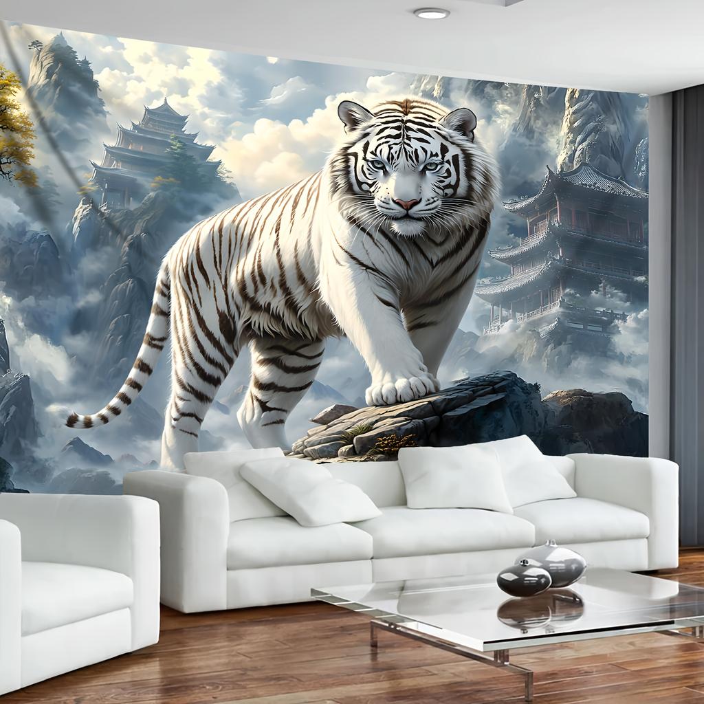 VIKAMA Nationalstil Weißer Tiger Wolkenmeer Bedruckter Wandteppich Leichter Luxus Wohnzimmer Teeraum Hintergrundteppich Heimdekoration