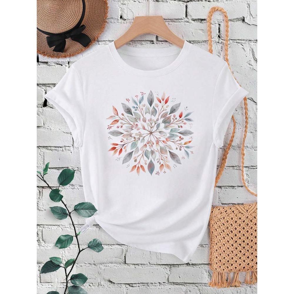 Floral Mandala Print Women Fashion T Shirt Summer Short Sleeves O Neck Y2K Tops Tee Female 90s Casual Clothing