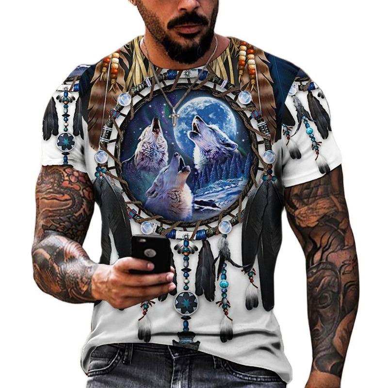 Men's Shirt Casual Harajuku T-shirt Animal Summer Retro Indian Print Men's Street Crew Neck Short Sleeve Design Large