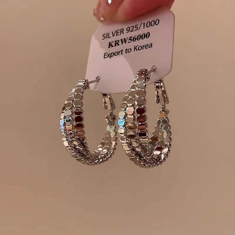 Minimalist Silver Double Layer Large Earrings Women's Summer Versatile Square and Round Face Plain Hoop Earrings
