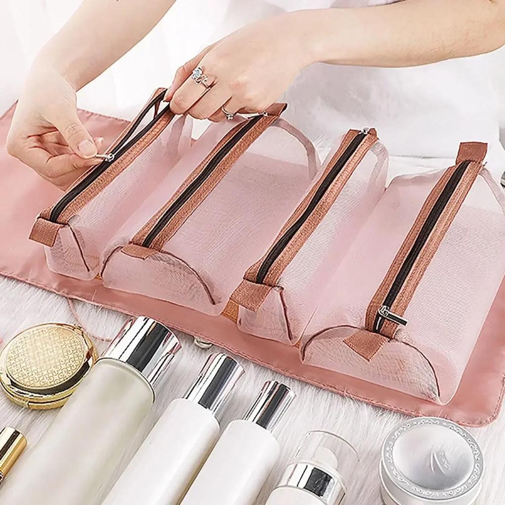 4 in 1 Abnehmbare Make-up-Tasche Damen Reißverschluss Mesh Große Kapazität Kosmetiktasche Faltbar Tragbar Reise Wasch-Aufbewahrungstasche