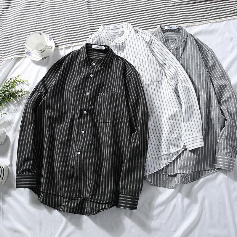 Men's Loose Long-sleeved Striped Casual Jacket Shirt.