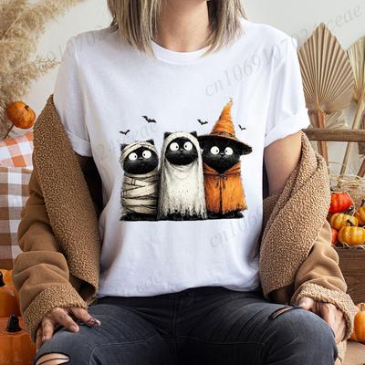 Womens New Fashion Clothes Tshirt Halloween Cat Graphic T Shirts Tops Witch Cats Pumpkin Harajuku Vintage Tee Shirts Clothes