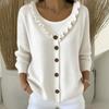 European V-Neck Ruffle Trim Knit Cardigan - Solid Color Casual Autumn/Winter Sweater for Women