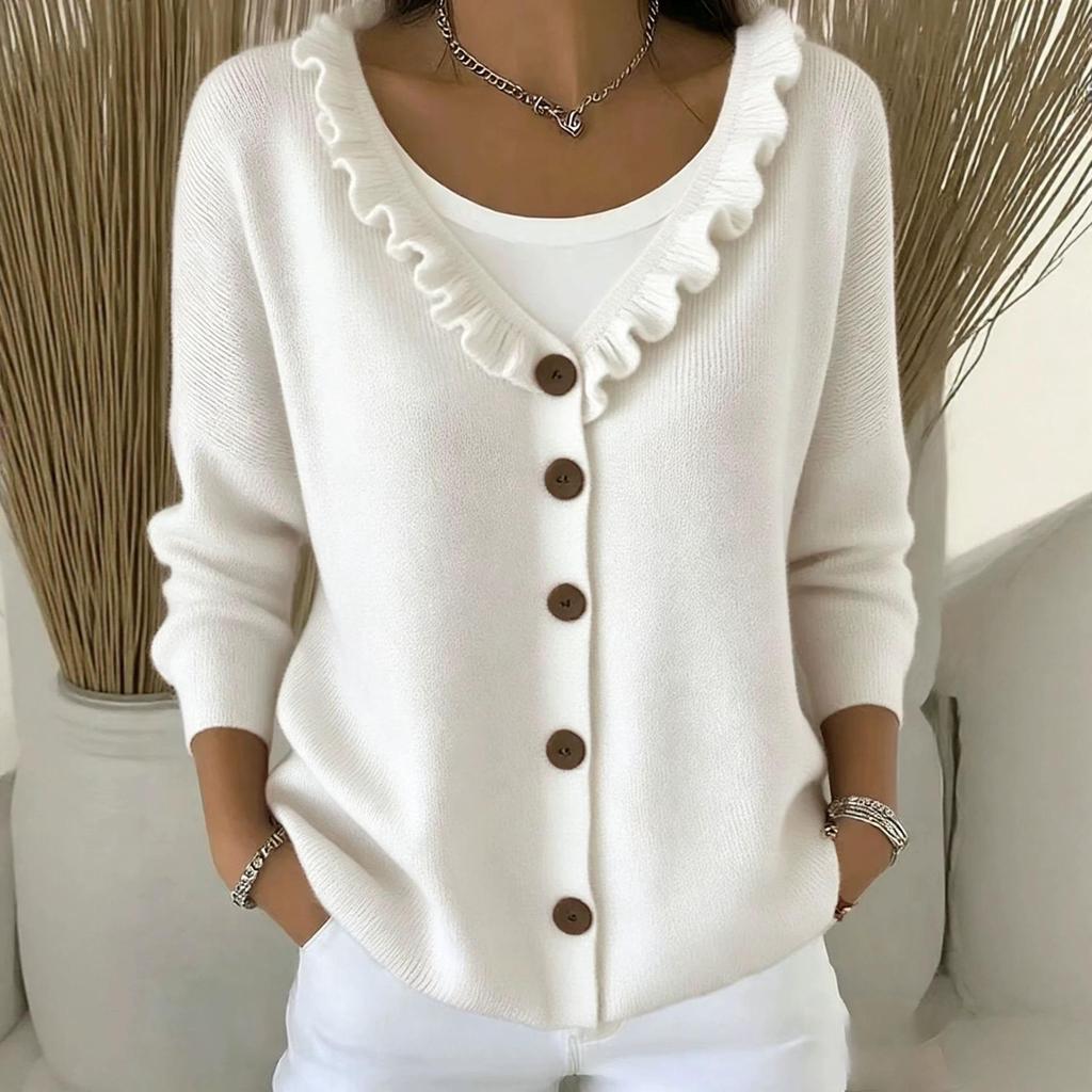 European V-Neck Ruffle Trim Knit Cardigan - Solid Color Casual Autumn/Winter Sweater for Women