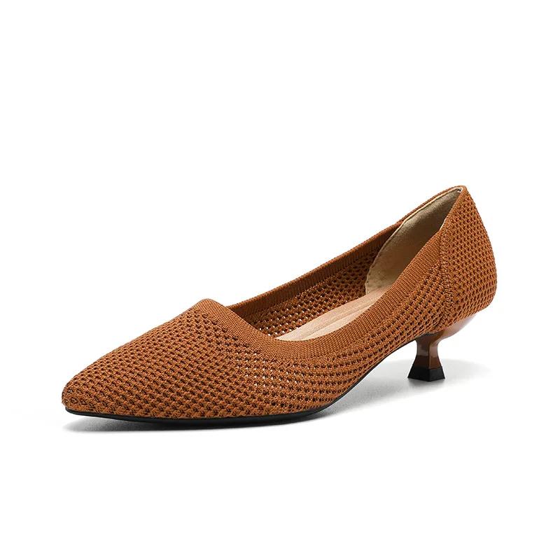 Damen Schuhe mit niedrigem Absatz Pumps Damenschuhe mit spitzer Zehenpartie weiche Sohlen Gestrickte mittelhohe Absätze Einzelne Schuhe für Damen kleiner Absatz