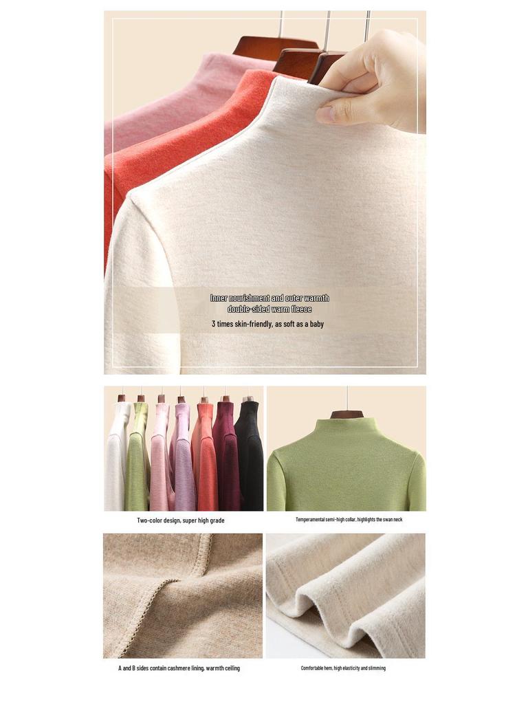 Women's Mulberry Silk Wool Fleece-Lined Warm Base Layer, Mid-High Neck, Autumn/Winter 2025 Collection