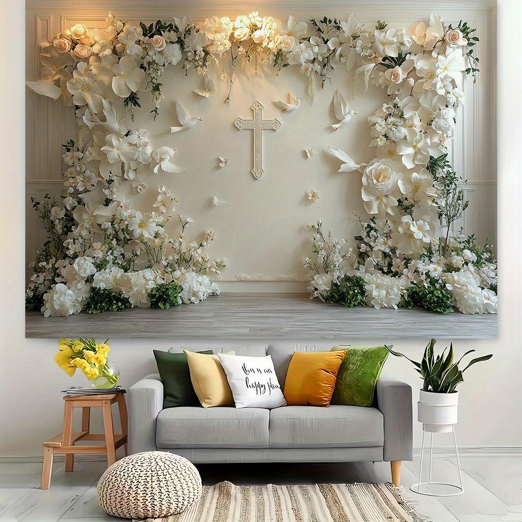 Ein Kreuz mit Blumen und ein weißer Stoff mit Blumenmuster, kein Strom erforderlich, geeignet für Hochzeiten