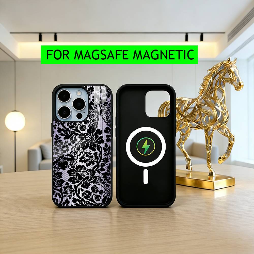 Beautful Black L-lace Print Phone Case For iPhone17,16,15,14,13,12,11 Plus,Pro Magnetic For Magsafe Wireless Charging