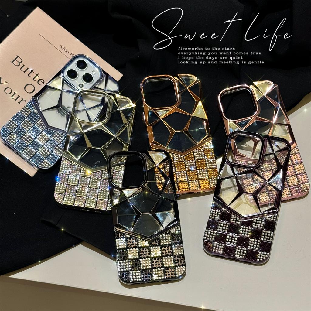 For iPhone 16 Pro Case Geometric Diamond Pattern Rhinestone Decor Electroplating TPU Phone Cover
