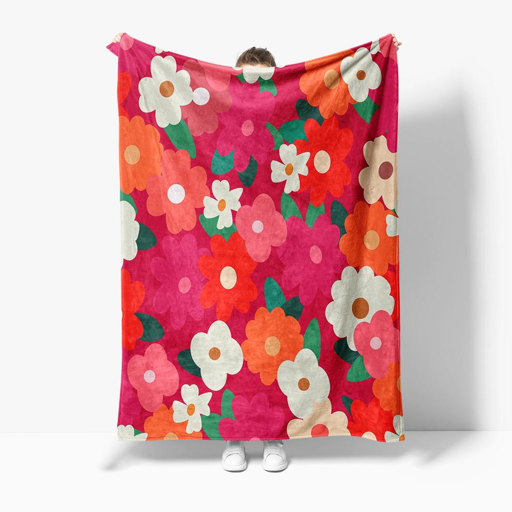 

Vibrant Floral Print Fleece Blanket - Retro Flower Design Soft Warm Throw Blanket for Sofa Bed Couch Gift 75x90cm