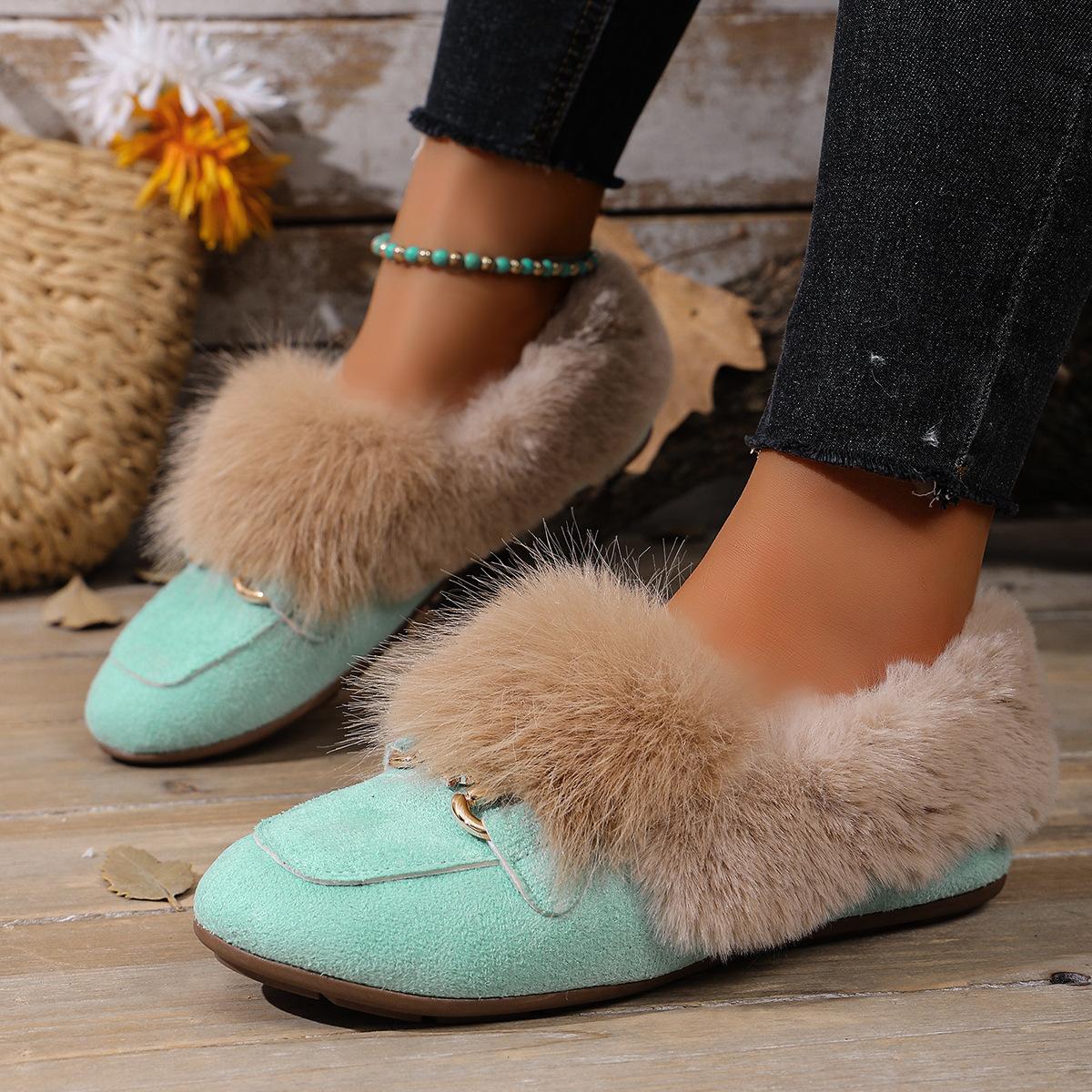 Retro Fur Shoes Round Head Bow Tie Casual Women Cotton Shoes Solid Color Slip on Soft Sole Flats Comfortable Plush Warm Shoes 43 бирюзовый 1990₽