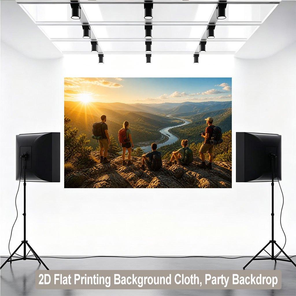 1 piece of 2D flat background fabric suitable for hiking and enjoying the river and mountain scenery for parties.