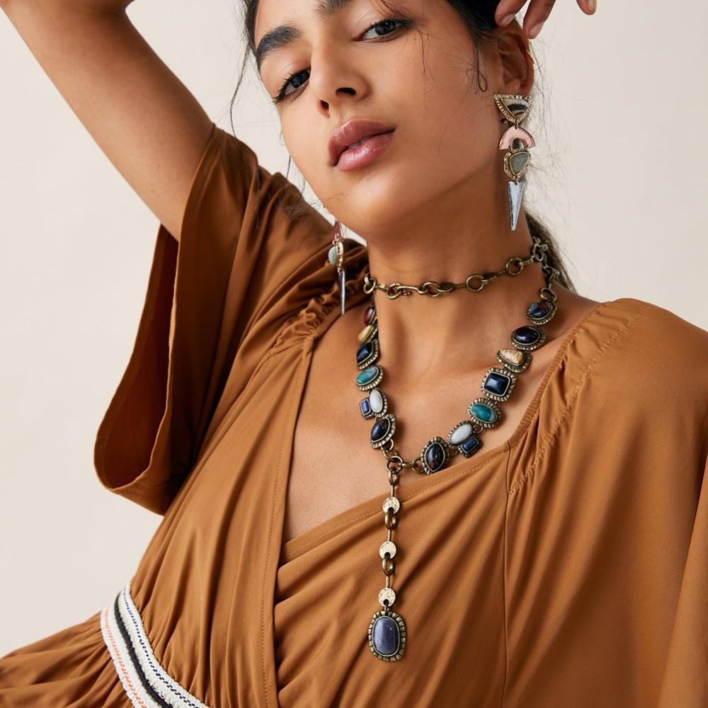 Border European and American Style ZA Same Retro Metal Inlaid Gem Necklace Long Sweater Chain Women