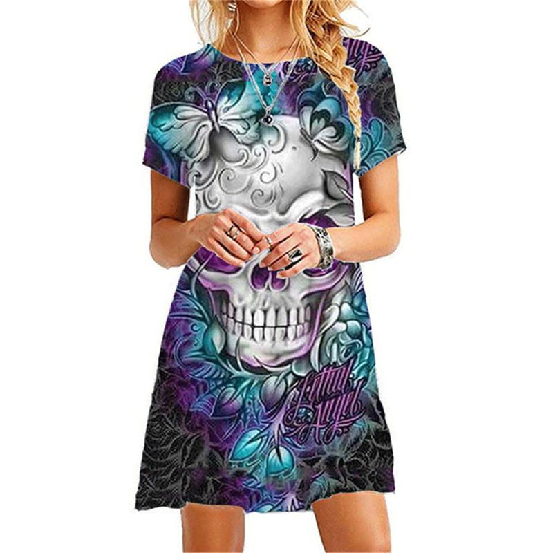 Schädel Halloween Frau Kleid Party 3D Druck Kleider Für Sommer Frauen Kurzarm Übergroßen Lose Kleid Damen Kleidung