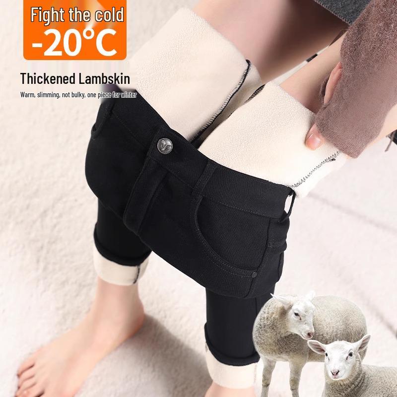Damen Winter Fleecegefütterte Schwarze Leggings - Dicke Lammfleece Baumwolle, Slim Fit, Herbst/Winter 2025 Stil