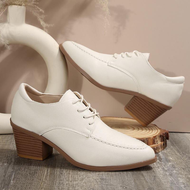 Fashion Retro Black Office Women's Shoes 2025 Spring and Autumn Women's Thick Heel Shoes White Retro Pointed Toe Lace-up High Heels
