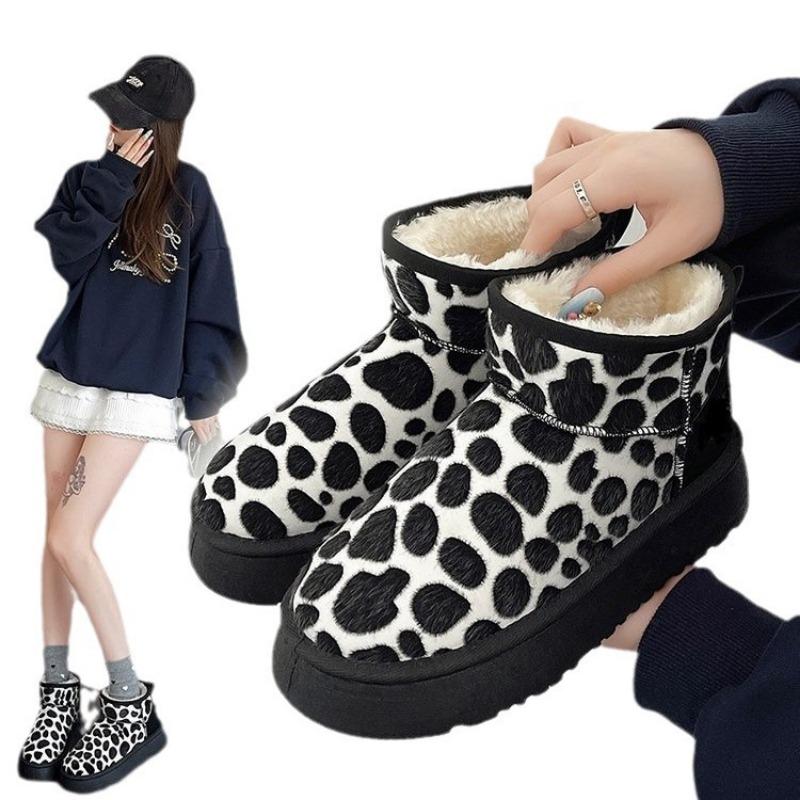 Snow boots women's new winter casual good match thick-soled heightening bread shoes soft leather velvet thickened snow cotton