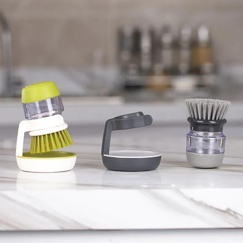 Creative Soap Dispenser + Hydraulic Pot Brush Kitchen Degreasing Brush Dishwashing Brush Squeeze Pot Dishes Household Cleaner Dishwashing Brushes