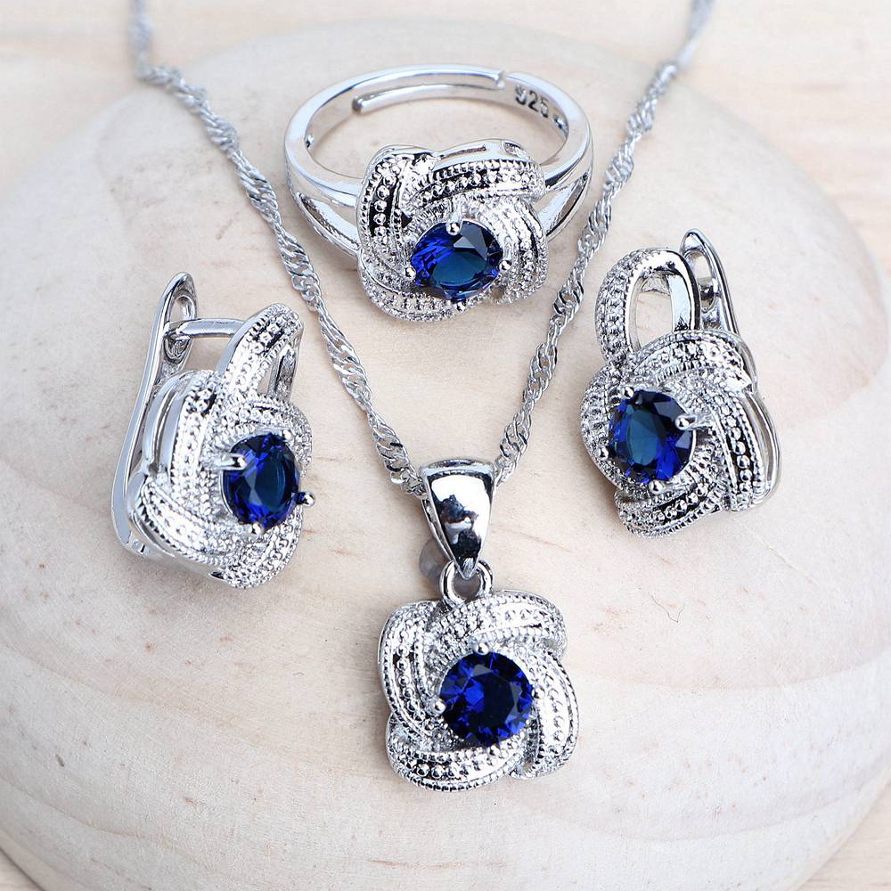 Conjuntos de joyería de circonia azul para mujer, Plata de Ley 925, joyería de disfraz nupcial para boda, pendientes, anillos, pulseras, collar con colgante