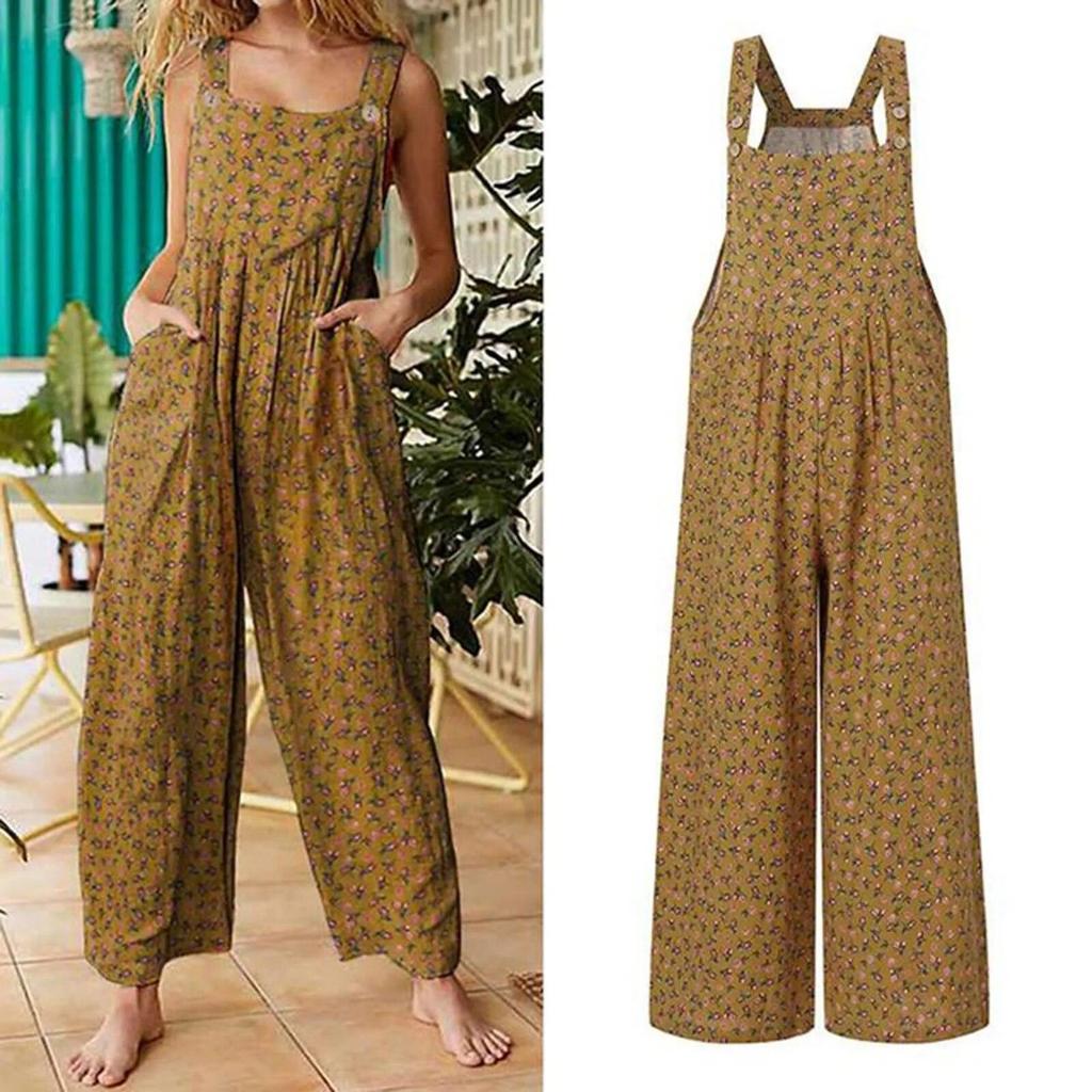 Summer Women Casual Loose Flower Print Jumpsuits Women's Overalls Boho Sleeveless Square Collar Jumpsuits