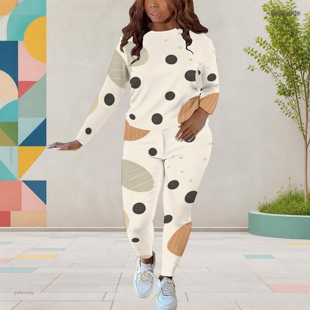 Women Plus Size Cream White Dots Printed Round Neck Long Sleeve Fitted Two Piece Pants Set With Pockets