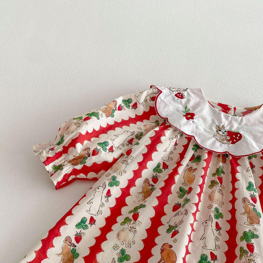 Korean Style Lapel Rabbit Embroidery Dress for Baby Girls, Ages 1-8, Long Sleeve, Spring/Autumn, Sweet Princess Style