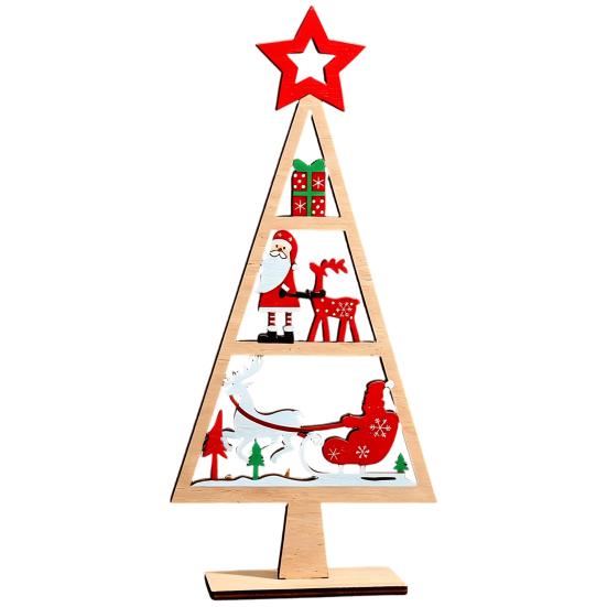 Christmas Tree with Pendants Wooden Tabletop Decor, Hollow Xmas Ornament, Farmhouse Vintage Style Decor Desktop Centerpiece for Holiday Party