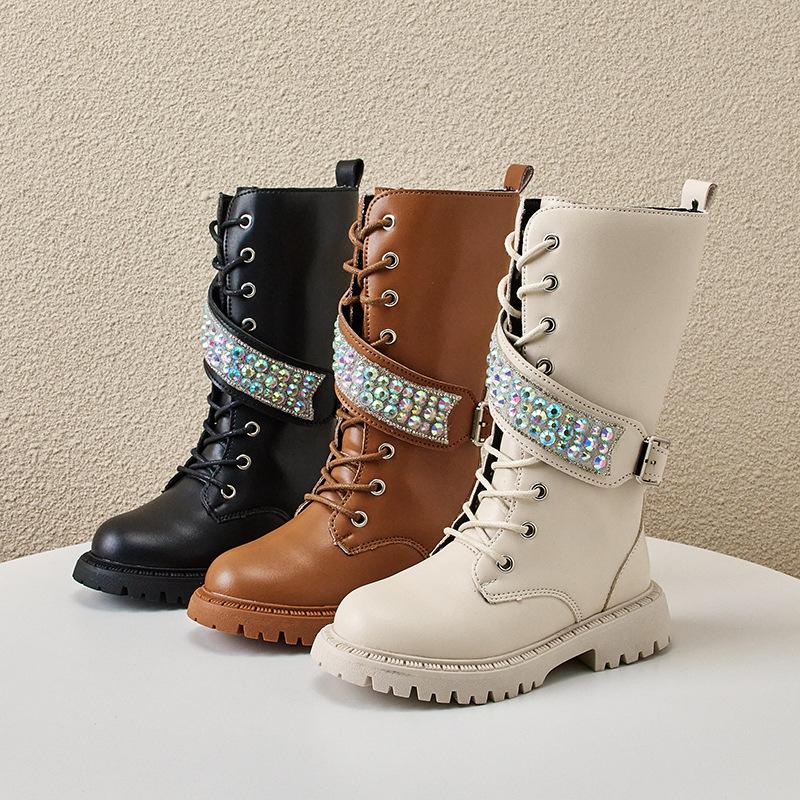 2024 New Girls High Boots Casual Sequined Korean Style Side Zipper Black Beige Princess Shoes Children Boots for Catwalk Elegant