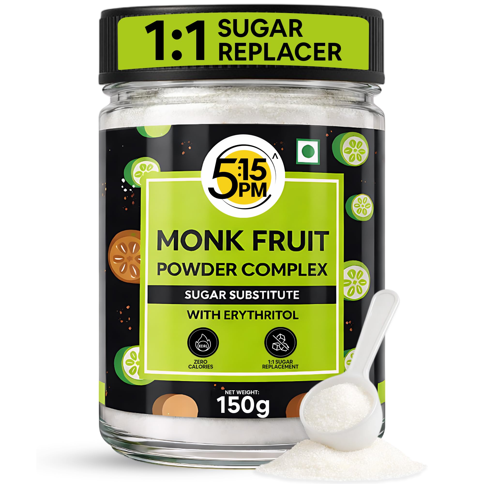 5:15PM Monk Fruit Natural Sweetener Jar | 1:1 Sugar Substitute | Monk Fruit Powder | Zero Calorie & Keto Friendly | MonkFruit Sugar Extract For Coo