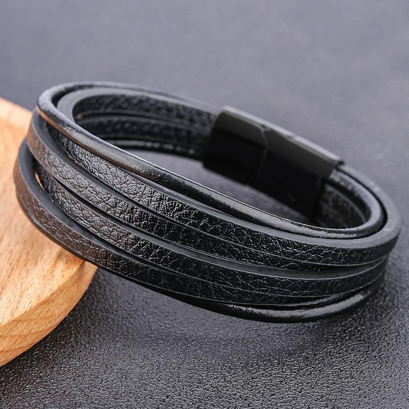 Men's Leather Bracelet Magnetic-Clasp Cowhide Braided Multi-Layer Wrap Bangle Stylish Accessory for Men