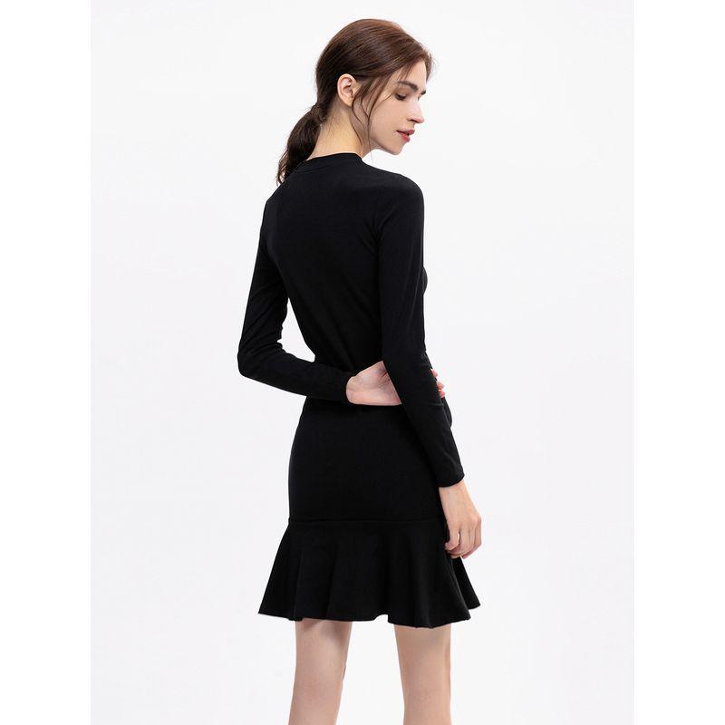 Small Fashion Slim Fit Ruffled Versatile Small Black Dress 2025 Spring & Fall New Arrival Minimalist Long Sleeve Base Dress