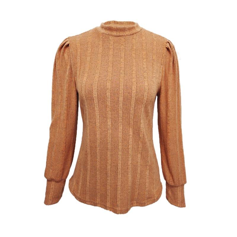 VEZFAA Women's Fashion Casual Spring Fall Solid Color Print Long Sleeve Half Turtleneck Pullovers & Long Sleeves