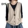 Women Knitting Vest V-Neck Sleeveless Single Breasted Warm Waistcoat Solid Color Loose Fit Knitted Tank Tops with Pockets