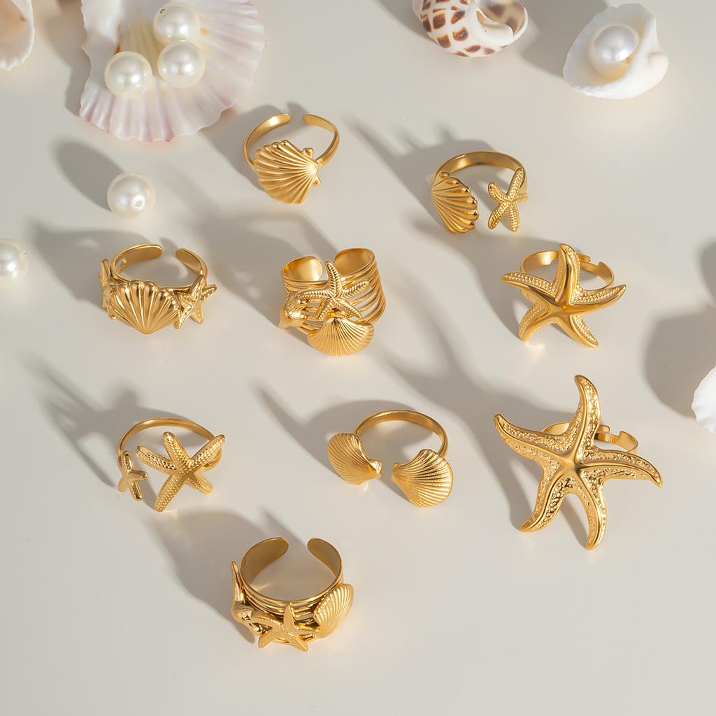 2025 Summer Ocean Rings For Women Gold Color Stainless Steel Shell Starfish Charm Figure Accessory