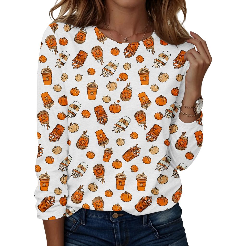 Women's Casual Long Sleeve Round Neck Top with Halloween Print for Party