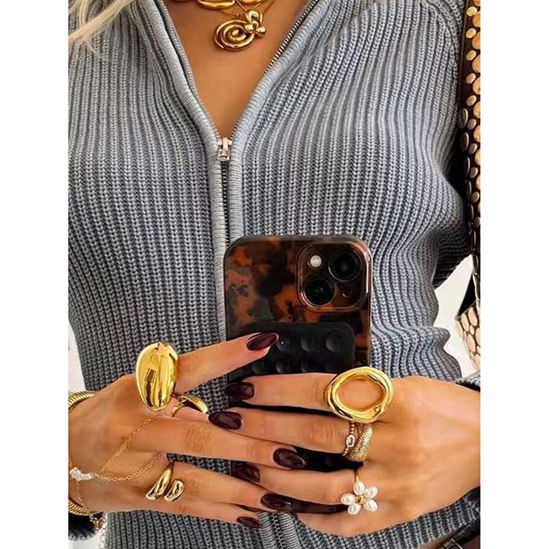 New Autumn and Winter Women's Zipper Cardigan Sweater Long Sleeved Slim Elastic Sweater Solid Color Personalized Street Outfits