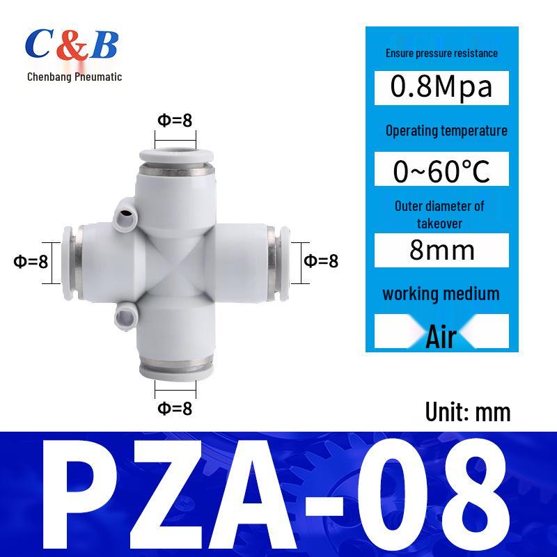 Pneumatic Nylon Air Hose Quick Connect Fittings: PU Straight, PY 5-Way, Cross 4-Way, PZA 3-Way, PE Connector with White/Blue Cap