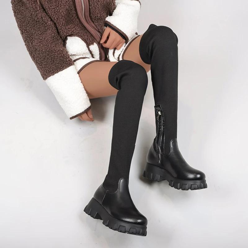Damen Stiefel mit dicker Sohle, 2024 Frühling Herbst, atmungsaktive Stricksocken, Overknee-Stiefel für Damen, Stretch, runde Zehenpartie, Übergröße 43