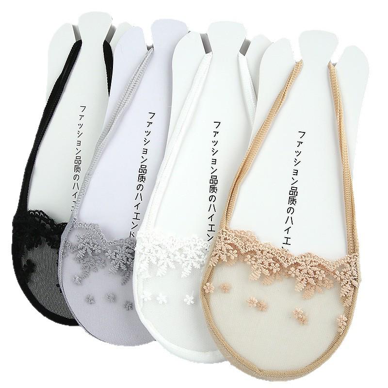 Women’s Lace Low-Cut Cotton Invisible Socks with Strap Heel and Anti-Slip Design