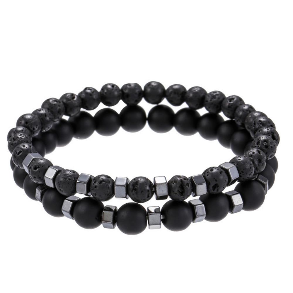 

6mm8mm Black Matte Lava Volcanic Stone Through Black Gallstone Bead Spacer Elastic Bracelet Set Bracelet Men
