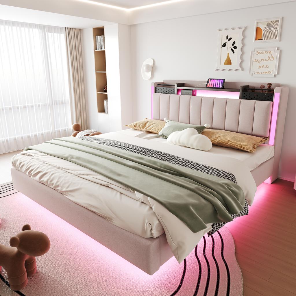 Gestoffeerd Bed 160*200 met LED-verlichting en USB-poort, Hoofdbord met Opbergruimte, Zwevend Bed Jeugd Bed Volwassen Bed, Linnen Stof, Beige
