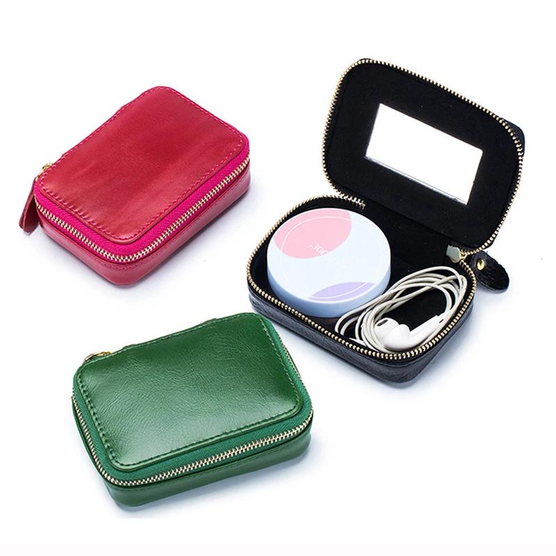 Luxuriöse Mini-Kosmetiktasche aus echtem Leder Kompaktes Lippenstiftetui mit Spiegel Kleine Make-up-Tasche für Damen Mädchen Kopfhöreraufbewahrung