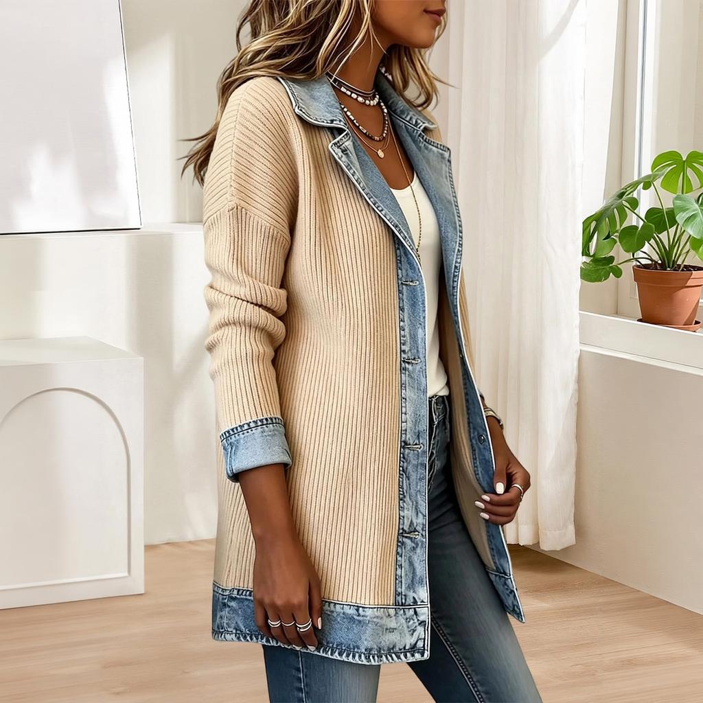 Jachetă tricotată patchwork din denim pentru femei, cu guler rever, pentru ținute casual