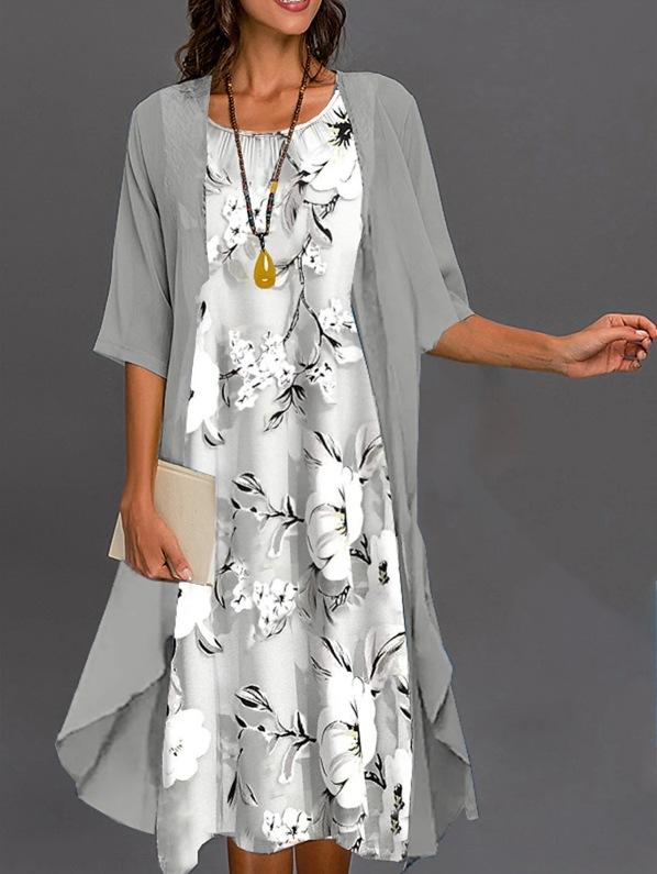 

Жіноча сукня з квітковим принтом, чорно-білим візерунком та сірим кардиганом S