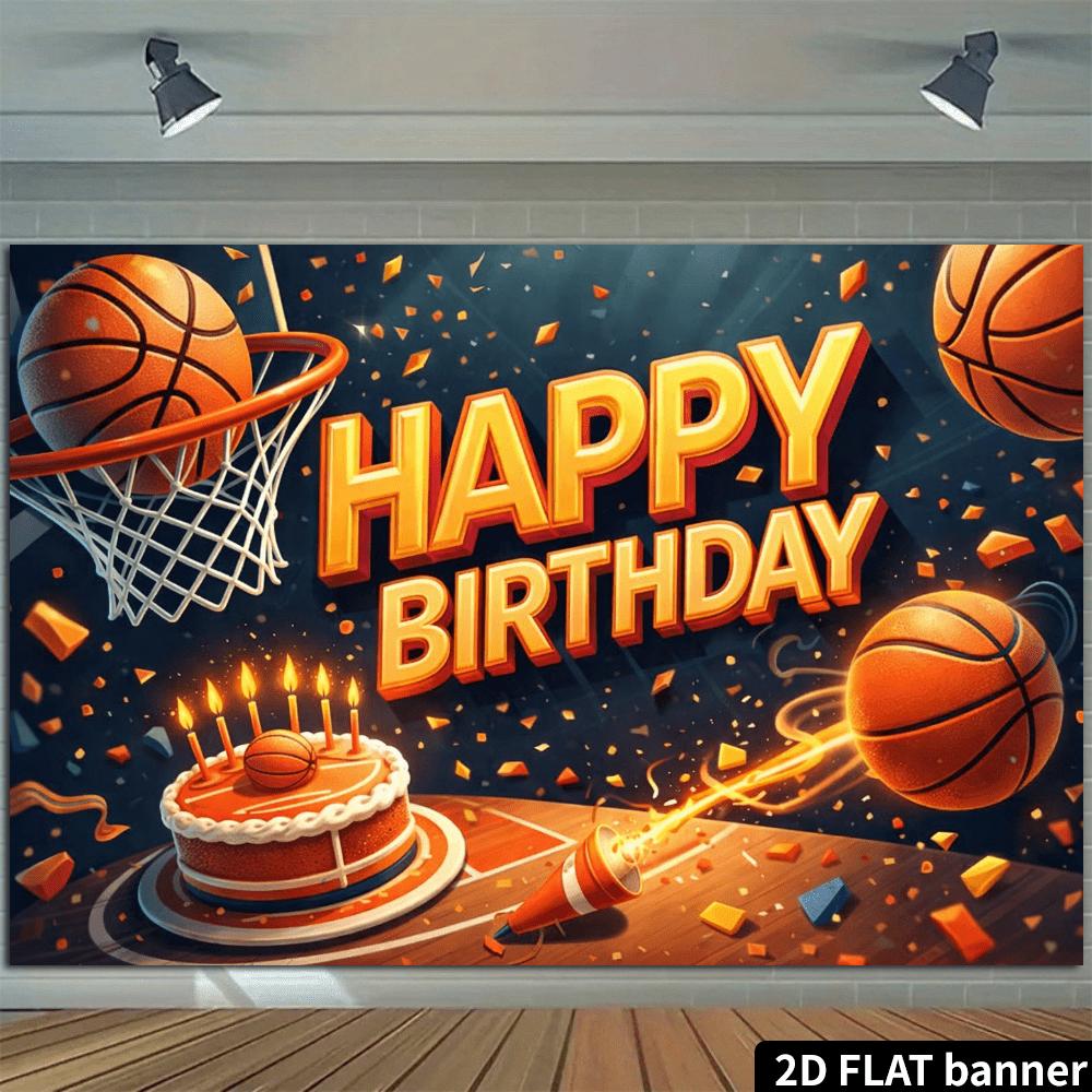 2D planar basketball-themed birthday banner background - basketball and birthday cake