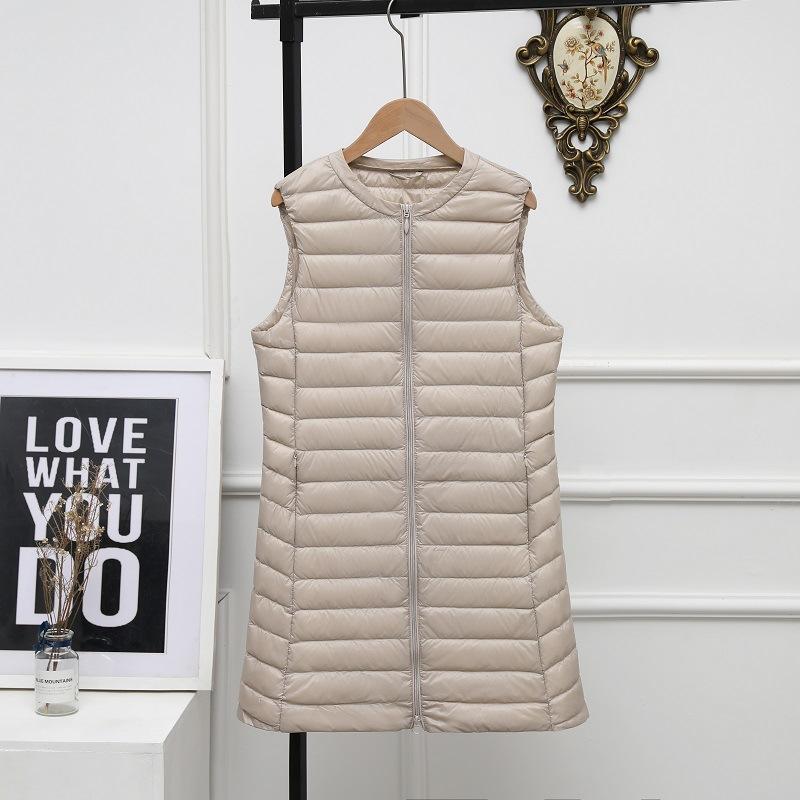 Autumn and winter collarless medium and long light down vest women's short round neck sleeveless zipper vest vest vest vest